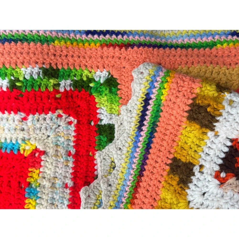 Vintage Granny Square Afghan Blanket Orange Multi Crochet Motifs 95''x115'' L